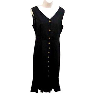 BLACK CASUAL MIDI DRESS • FULL BUTTON FRONT • PEPLUM HEMLINE • Sz M